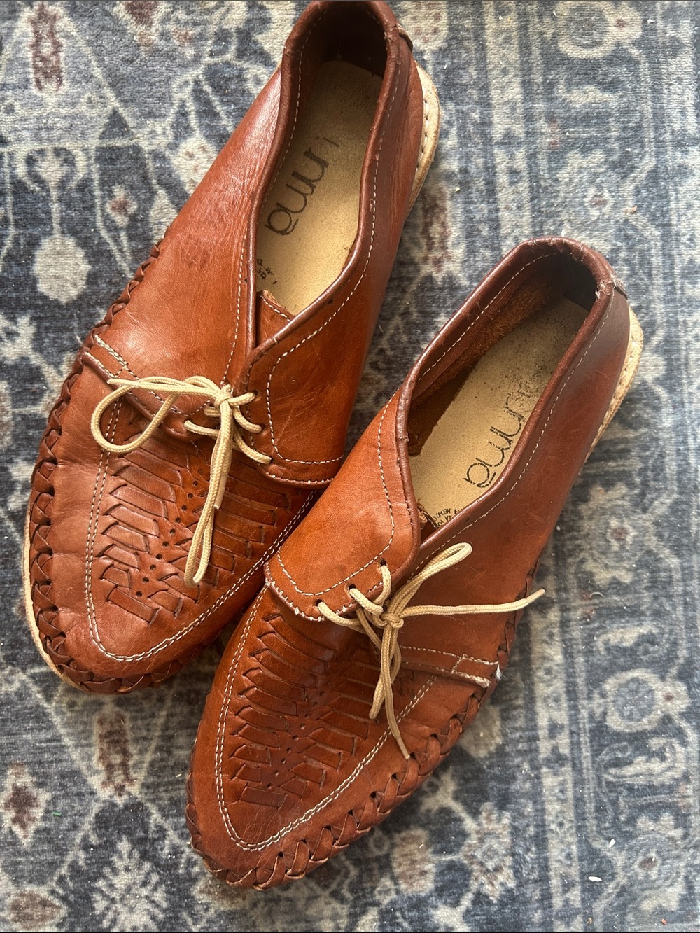Men's Tan Leather Woven Slip-On Loafers with Contrast Laces